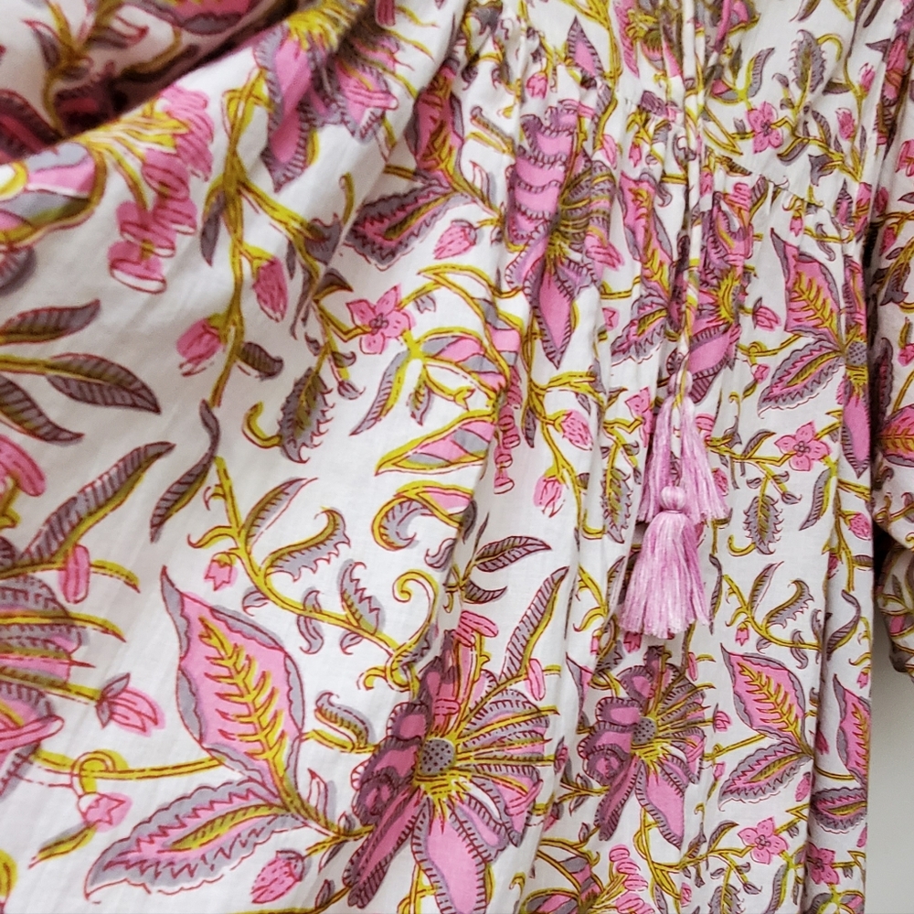 Mille Resort Thalia Pink White Floral 100%Cotton Blouse Puff Sleeves Size XS - Picture 7 of 12